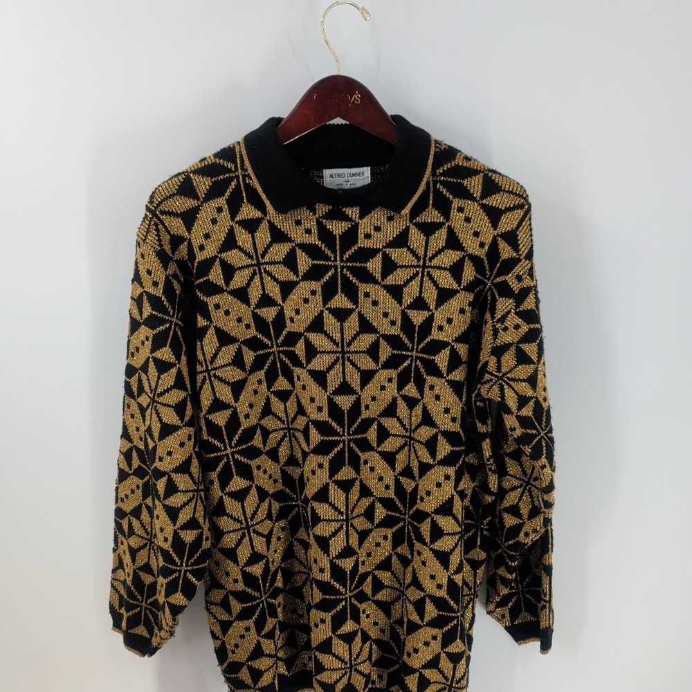 Vintage Y2K‎ Alfred Dunner Bling Sparkle Lurex Classic Sweater Black Gold Size M